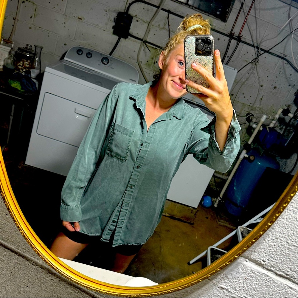 Army green button up shirt